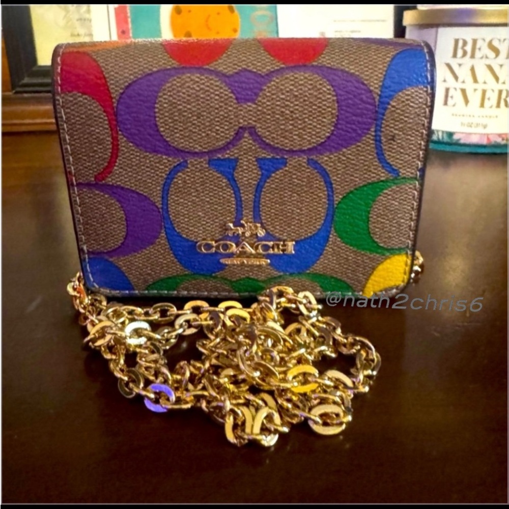 COACH Rainbow Signature canvas convertible mini wallet golden Chain - Picture 2 of 16